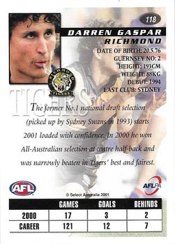 2001 Select AFL Authentic #118 Darren Gaspar Back
